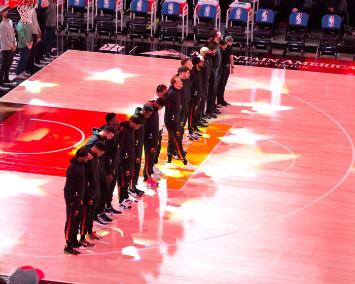 Utah Jazz stand for the National Anthem